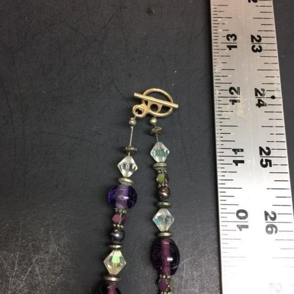 Purple Pendant Necklace Iridescent Toggle Silver Clear Faceted Retro Boho Glam - Picture 8 of 8